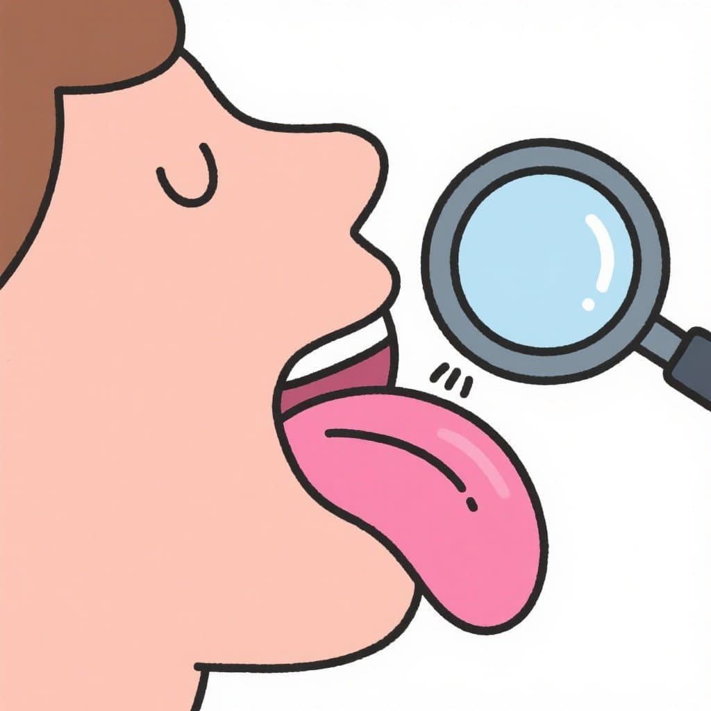 A literal, humorous depiction of 'no tener pelos en la lengua', showing a person sticking out a perfectly smooth tongue under a magnifying glass.