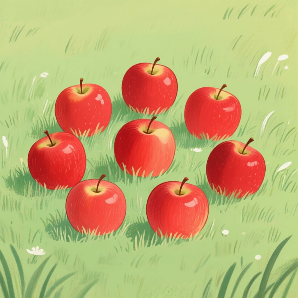 An illustration showing exactly eight perfectly round red apples sitting on a grassy surface, representing the quantity 'eight'.