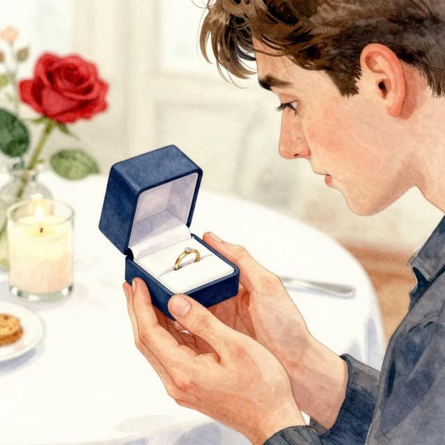 Charming ink and watercolor painting, clean lines, vibrant but soft color palette, storybook style. A close-up photo taken by a young man — a small open ring box held in his hand, containing a simple gold engagement ring with a tiny sparkling diamond, resting on a white restaurant tablecloth with a lit candle and a red rose blurred softly in the background.