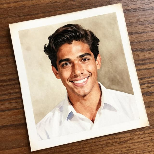 Charming ink and watercolor painting, clean lines, vibrant but soft color palette, storybook style. A photo of an old photograph, slightly worn and yellowed at the edges, lying on a wooden table. In the photograph, a young man around 25 years old with dark slicked-back hair, warm brown eyes, medium-brown skin, wearing a white shirt, is smiling broadly at the camera. The photo has a warm sepia-tinted feel.