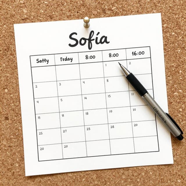 Charming ink and watercolor painting, clean lines, vibrant but soft color palette, storybook style. A photo of a printed work schedule pinned to a café corkboard. The name 'Sofía' is written in the Saturday 8:00–16:00 slot with a pen. The paper looks slightly crumpled.