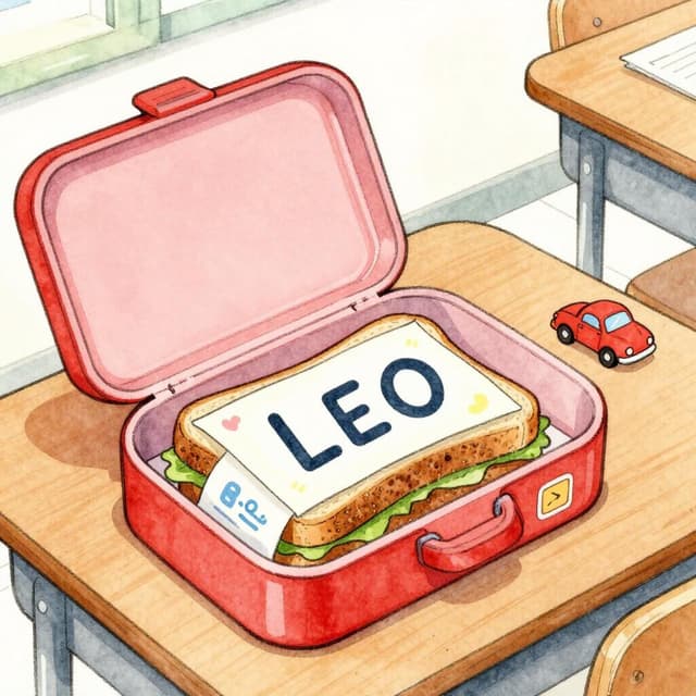 Charming ink and watercolor painting, clean lines, vibrant but soft color palette, storybook style. A close-up photo taken by a child of an open red lunchbox on a school desk. Inside is a sandwich with a note that says 'LEO' written in big letters on the wrapper. The box also has a small toy car sticker on the lid.