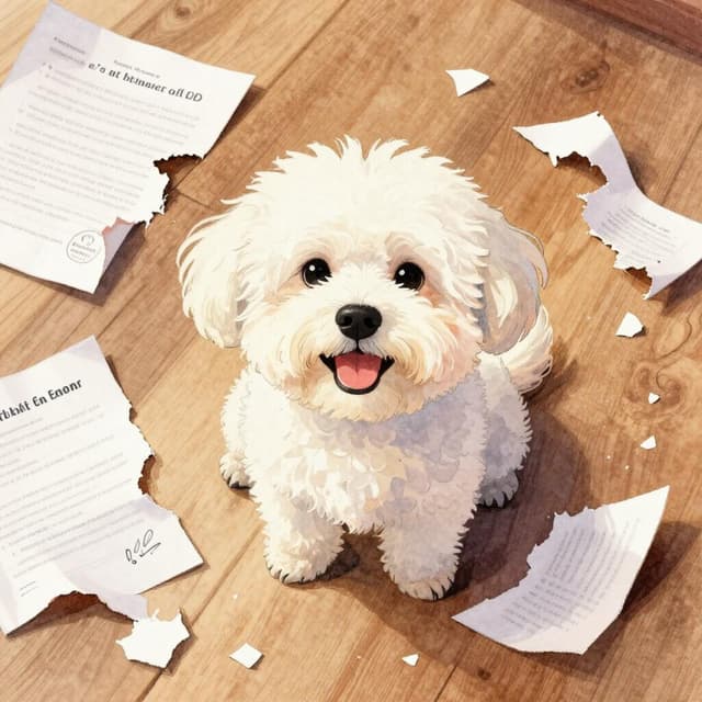 Charming ink and watercolor painting, clean lines, vibrant but soft color palette, storybook style. A close-up photo of a small white fluffy dog sitting on a wooden floor, surrounded by torn and chewed pieces of paper — the remains of a school homework sheet. The dog looks happy and innocent. Shot from above, as if taken on a phone.