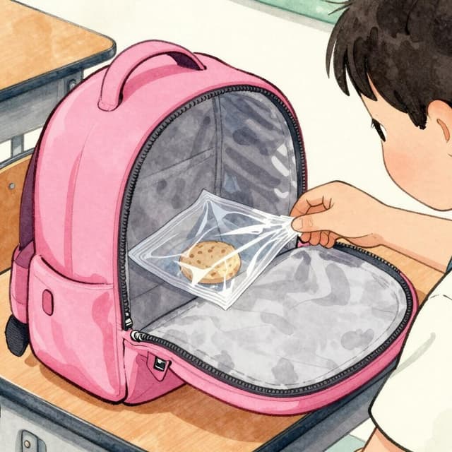 Charming ink and watercolor painting, clean lines, vibrant but soft color palette, storybook style. A close-up photo taken by a child looking down into an open pink backpack. The bag is open and there is an empty, crinkled clear plastic wrapper inside — no cookie. The bag is on a school desk.