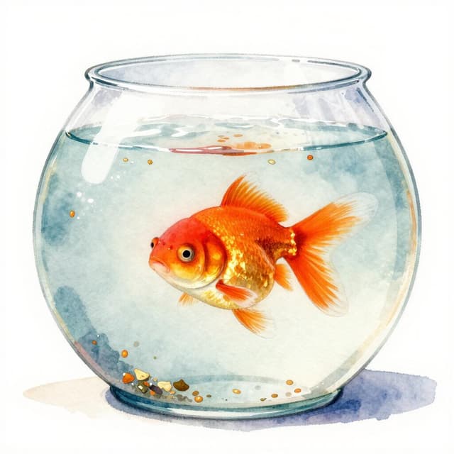 Charming ink and watercolor painting, clean lines, vibrant but soft color palette, storybook style. A close-up photo of a small round fish tank. One very round, very bloated-looking orange goldfish floats near the top of the water. The water has lots of food flakes floating on the surface.