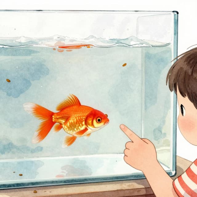 Charming ink and watercolor painting, clean lines, vibrant but soft color palette, storybook style. A close-up photo of a fish tank. The same round orange goldfish is now swimming slowly near the bottom. The water is still cloudy with many food flakes. A small boy's hand — light skin, red striped sleeve — points nervously at the fish.