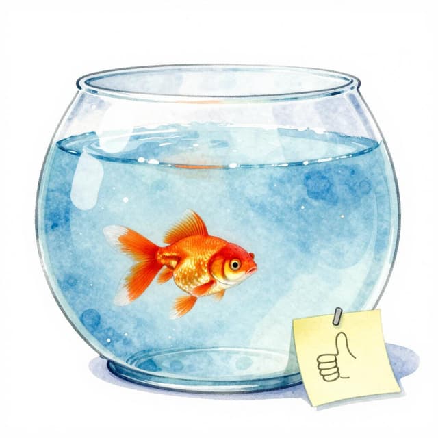 Charming ink and watercolor painting, clean lines, vibrant but soft color palette, storybook style. A photo of a small round fish tank with clean, clear blue water. The same orange goldfish swims happily near the middle. Next to the tank is a small thumbs-up drawn on a sticky note, no words on it.