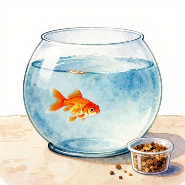 Charming ink and watercolor painting, clean lines, vibrant but soft color palette, storybook style. A close-up photo of a small round fish tank on a table, with one tiny orange goldfish swimming inside and clear blue water. A small plastic container of fish food flakes sits next to the tank.