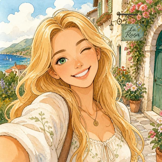 Charming ink and watercolor painting, clean lines, vibrant but soft color palette, storybook style. Lily, a young woman with long blonde hair and green eyes, smiling broadly and winking at the camera in a happy selfie.