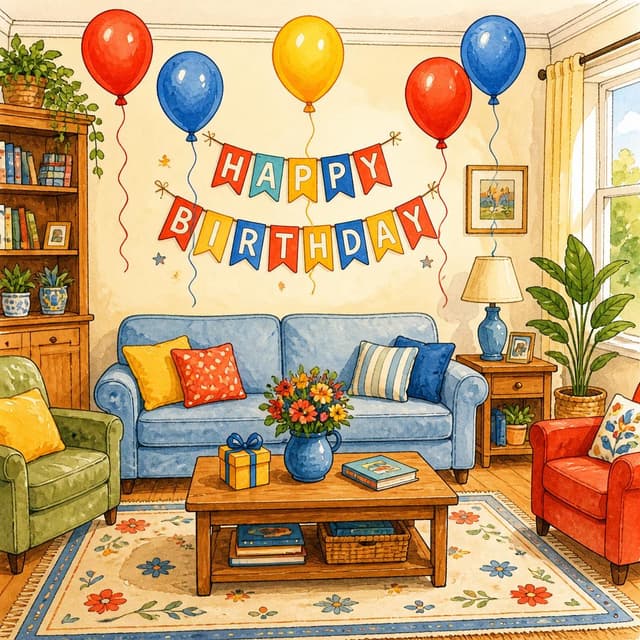Charming ink and watercolor painting, clean lines, vibrant but soft color palette, storybook style. A living room filled with five colorful balloons (red, blue, yellow) and a 'Happy Birthday' banner on the wall.