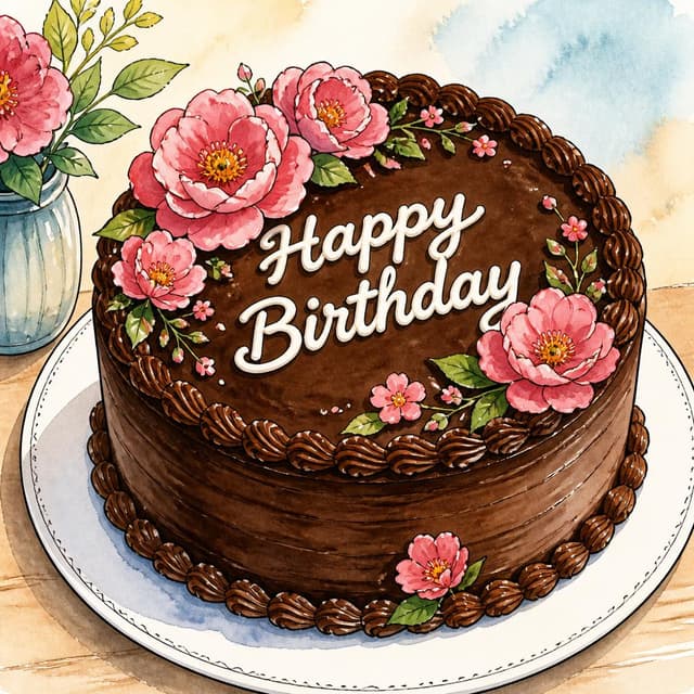 Charming ink and watercolor painting, clean lines, vibrant but soft color palette, storybook style. A large chocolate cake with pink flowers and 'Happy Birthday' written in white icing on a white plate.