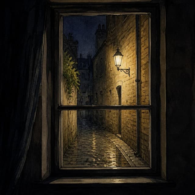 Charming ink and watercolor painting, clean lines, storybook style. A photo sent from a dark room looking out a window. A dark alleyway with one bright street lamp. No people visible.