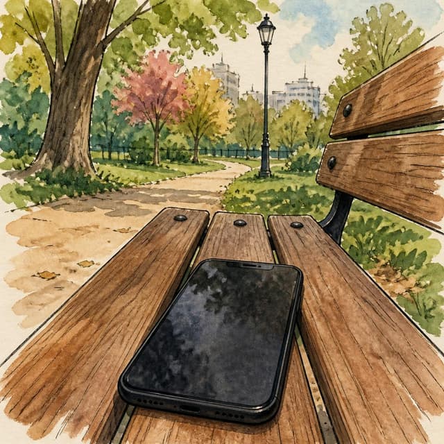 Charming ink and watercolor painting, clean lines, storybook style. A POV photo of a black smartphone sitting on a wooden park bench. No readable text.