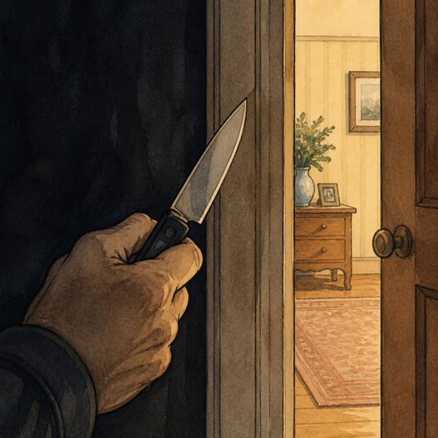 Charming ink and watercolor painting, clean lines, storybook style. A close-up photo of a hand holding a knife in the shadows near a doorway.