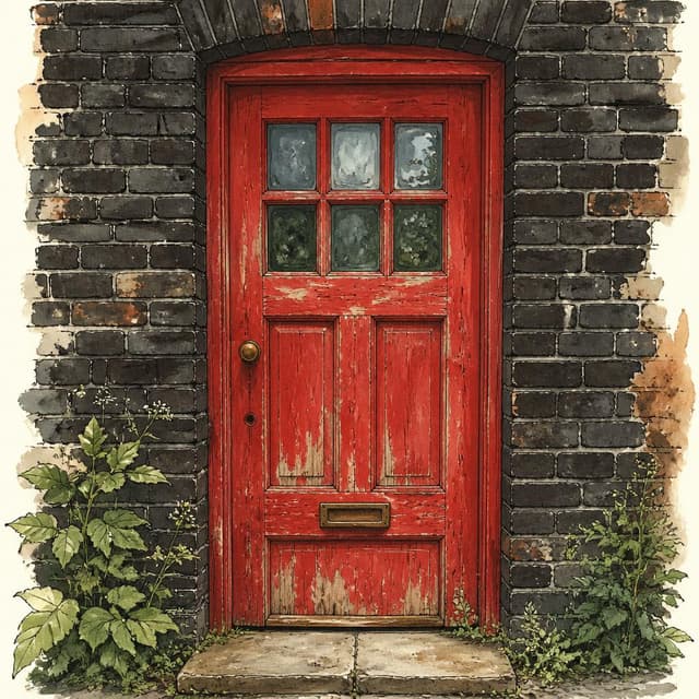 Charming ink and watercolor painting, clean lines, storybook style. A POV photo of a bright red wooden door in a dark brick wall. The paint is old.