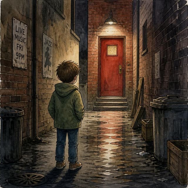 Charming ink and watercolor painting, clean lines, storybook style. A photo of Leo from behind. He is standing in the dark alley, looking at the red door. He is wearing his green jacket.