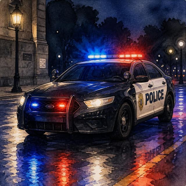 Charming ink and watercolor painting, clean lines, storybook style. A photo of a police car with blue and red lights flashing in the night. No people visible.