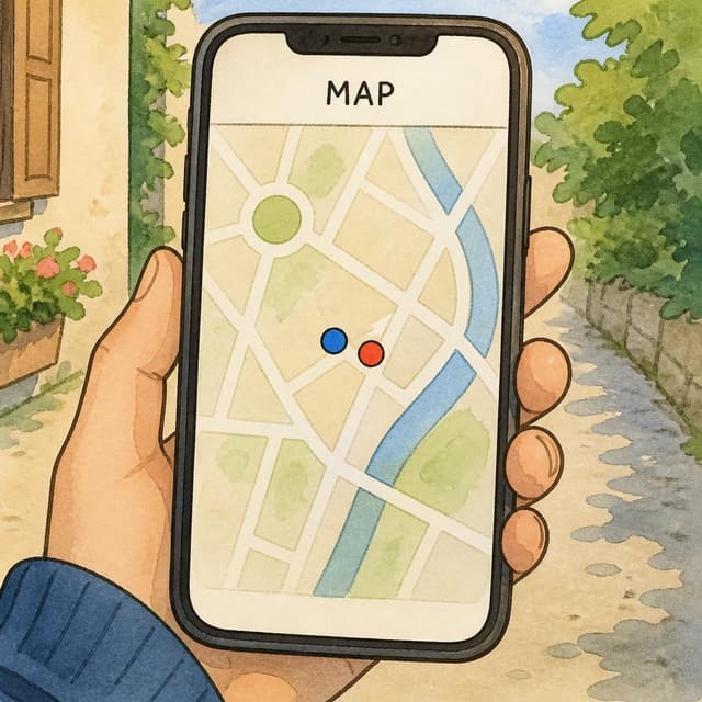 Charming ink and watercolor painting, clean lines, storybook style. A POV photo of a phone screen showing a simple map with a blue dot and a red dot close together. Visible text: "MAP" No other readable text.