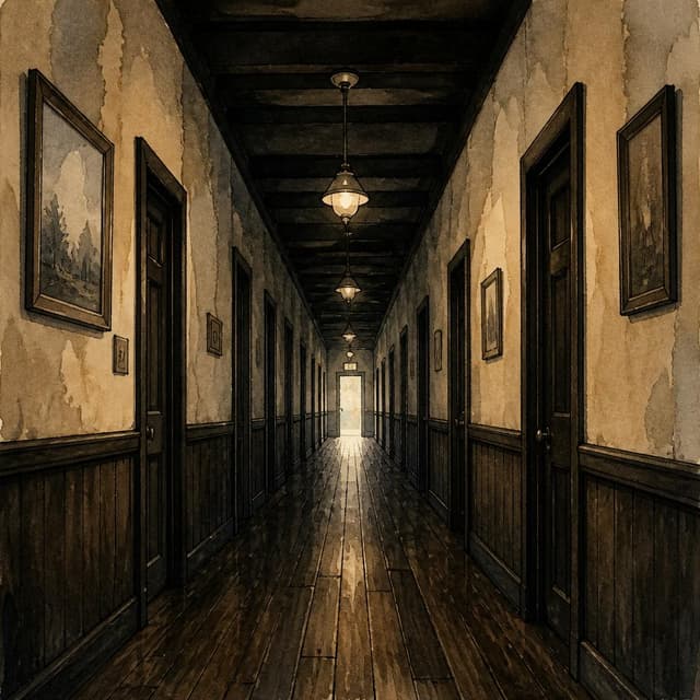 Charming ink and watercolor painting, clean lines, storybook style. A photo of a long, dark hallway with a small light at the end of the exit. No people visible.