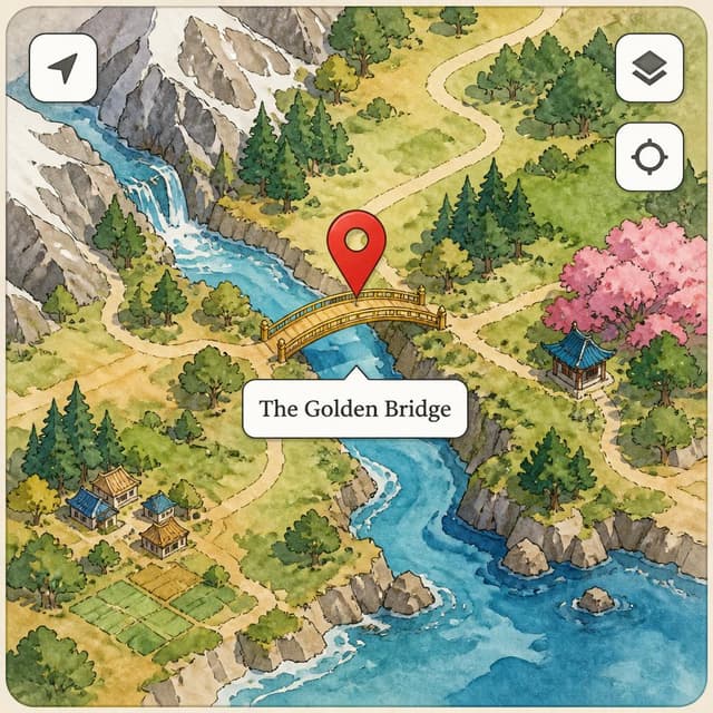 Charming ink and watercolor painting, clean lines, vibrant but soft color palette, storybook style. A screenshot of a digital map showing a red pin at a location called 'The Golden Bridge'. Visible text: "The Golden Bridge". No other readable text.