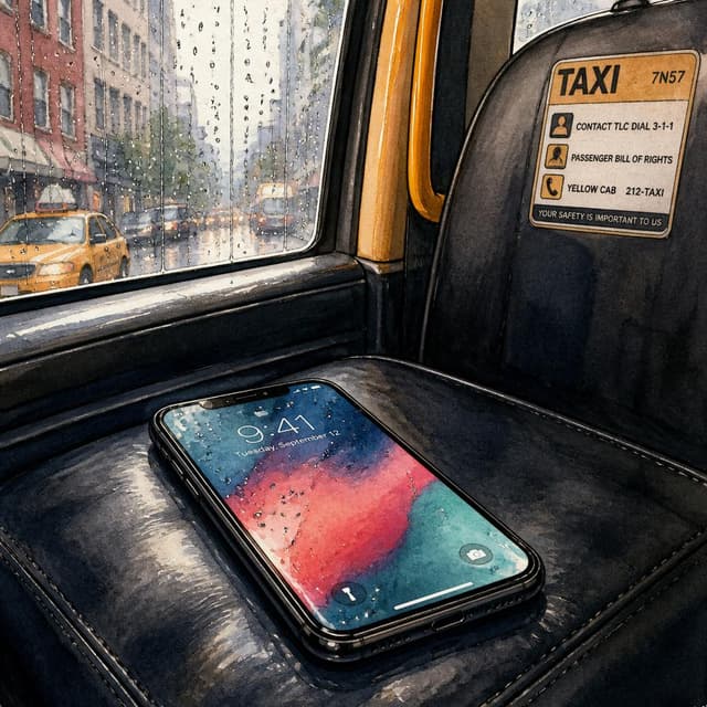 Charming ink and watercolor painting, clean lines, vibrant but soft color palette, storybook style. A close-up photo of a modern glass smartphone lying on a black leather taxi seat. There are raindrops on the window in the background.