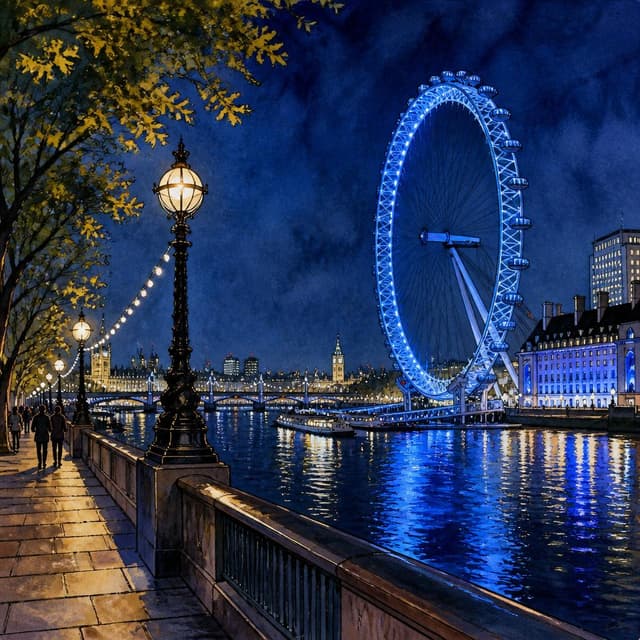 Charming ink and watercolor painting, clean lines, vibrant but soft color palette, storybook style. A beautiful photo of the London South Bank at night. The London Eye is glowing blue. The river Thames is dark and reflective.