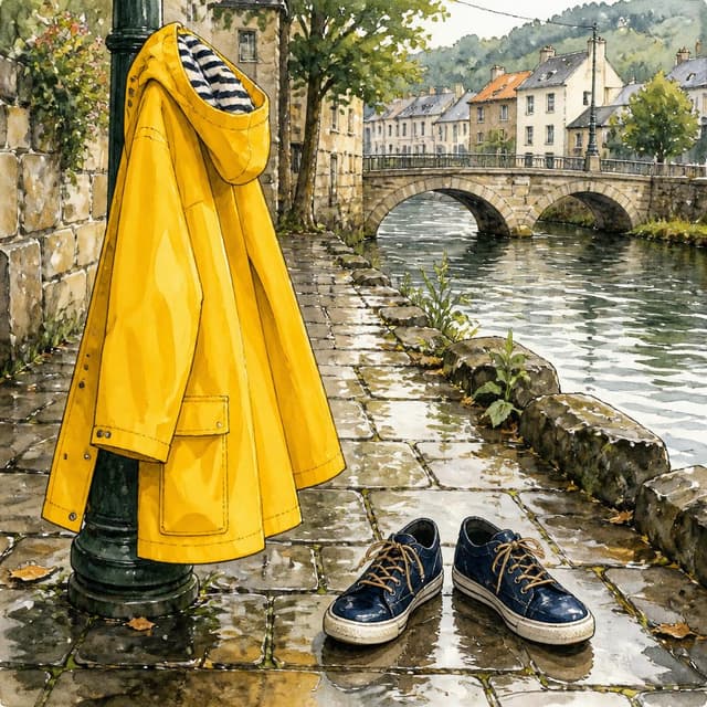 Charming ink and watercolor painting, clean lines, vibrant but soft color palette, storybook style. A photo of a yellow raincoat and wet shoes on a stone path near the river. The ground is shiny from the rain.