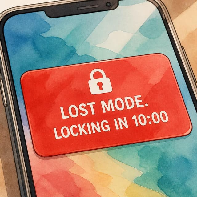 Charming ink and watercolor painting, clean lines, vibrant but soft color palette, storybook style. A close-up screenshot of the glass phone screen. A large red notification box is visible. Visible text: "LOST MODE. LOCKING IN 10:00". No other readable text.