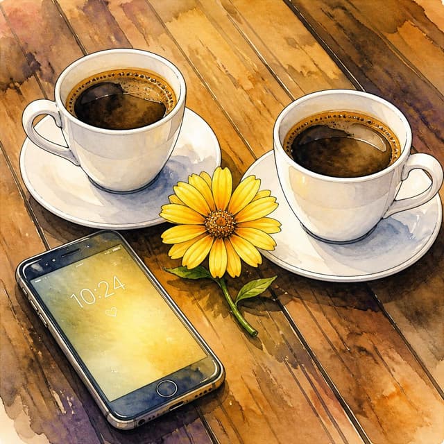 Charming ink and watercolor painting, clean lines, vibrant but soft color palette, storybook style. A photo of two white coffee cups on a wooden table. Between the cups is the yellow flower. The glass phone is nearby, its screen glowing softly.