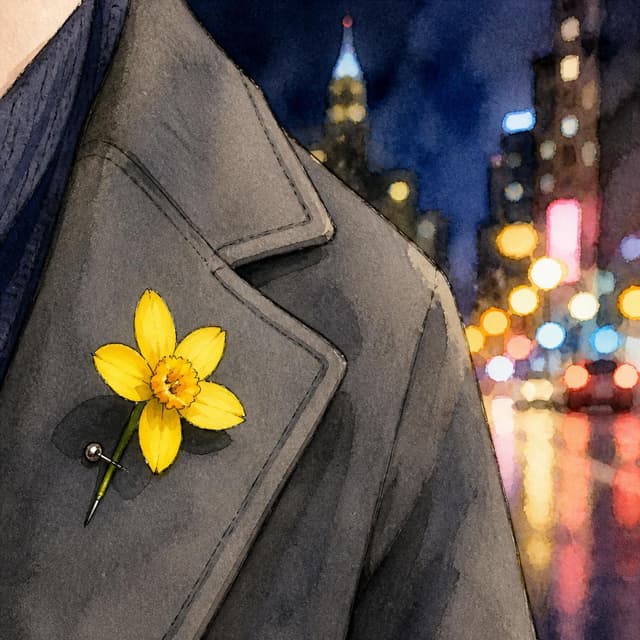 Charming ink and watercolor painting, clean lines, vibrant but soft color palette, storybook style. A close-up photo of a small, bright yellow flower pinned to a grey coat lapel. The background is a blurry city at night.