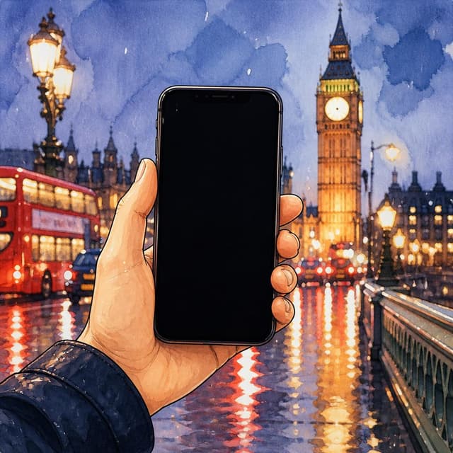 Charming ink and watercolor painting, clean lines, vibrant but soft color palette, storybook style. A photo of a black, blank smartphone screen held in a hand. In the background, the blurry lights of London shine in the rain.