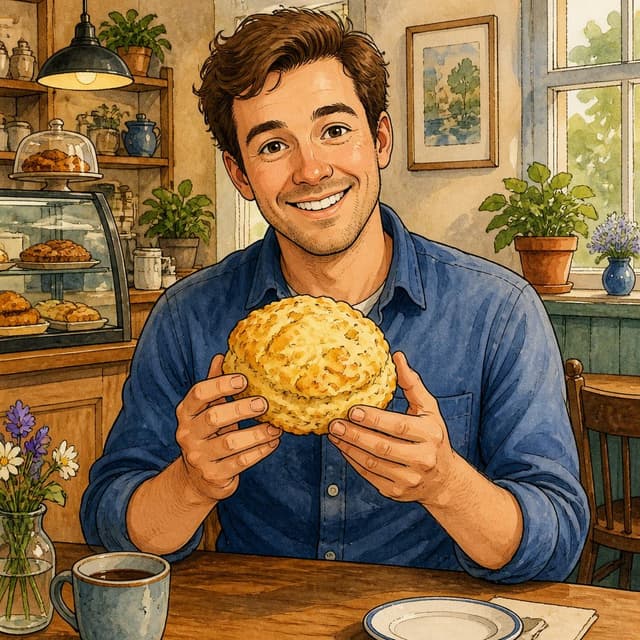 Charming ink and watercolor painting, clean lines, vibrant but soft color palette, storybook style. Ben (30, brown hair, blue shirt) is smiling and holding a new, large yellow scone. He is in a small cafe. No other readable text.