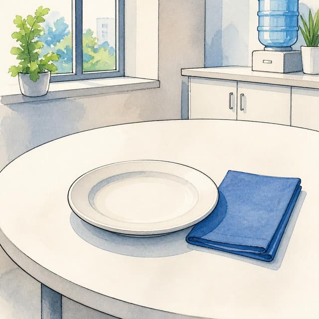 Charming ink and watercolor painting, clean lines, vibrant but soft color palette, storybook style. A photo of a white kitchen table in an office. There is one empty white plate and a small blue napkin. No people. No other readable text.