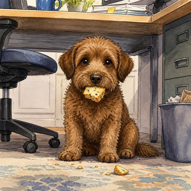 Charming ink and watercolor painting, clean lines, vibrant but soft color palette, storybook style. A photo of a small brown dog sitting under an office desk. The dog has crumbs on its nose and a small piece of a yellow scone in its mouth. No other readable text.