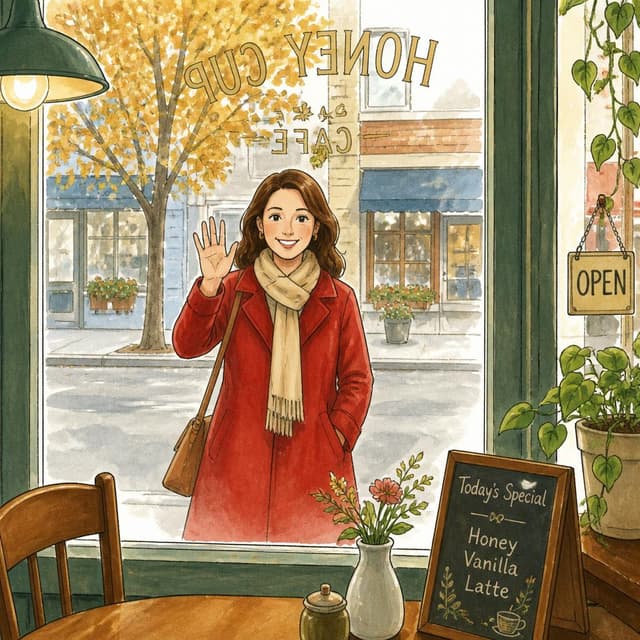 Charming ink and watercolor painting, clean lines, vibrant but soft color palette, storybook style. A photo of the cafe window. Outside, a woman in a red coat is waving and smiling. It is Ben's mother.