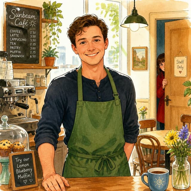 Charming ink and watercolor painting, clean lines, vibrant but soft color palette, storybook style. A photo of Ben, a 25-year-old man with short brown hair and a green apron, smiling. He is in a small, sunny cafe. In the background, a person in a red coat is hiding behind a door.