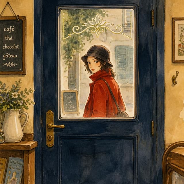 Charming ink and watercolor painting, clean lines, vibrant but soft color palette, storybook style. A zoomed-in screenshot of the previous photo. It shows a door in the cafe. Behind the door, a woman with a red coat is visible. She looks like a secret visitor.