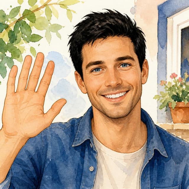 Charming ink and watercolor painting, clean lines, vibrant but soft color palette, storybook style. A photo of Leo, a 30-year-old man with short black hair and blue eyes, smiling at the camera and waving. No readable text.