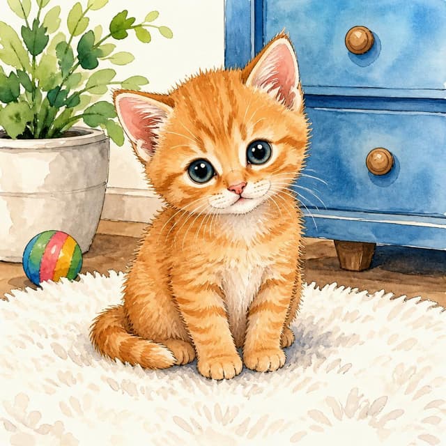 Charming ink and watercolor painting, clean lines, vibrant but soft color palette, storybook style. A photo of a very small, cute orange kitten sitting on a white rug.
