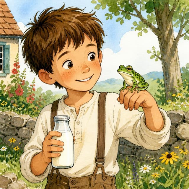 Charming ink and watercolor painting, clean lines, vibrant but soft color palette, storybook style. Ben is holding a small bottle of milk. A green frog is sitting on top of his hand. Ben is smiling.