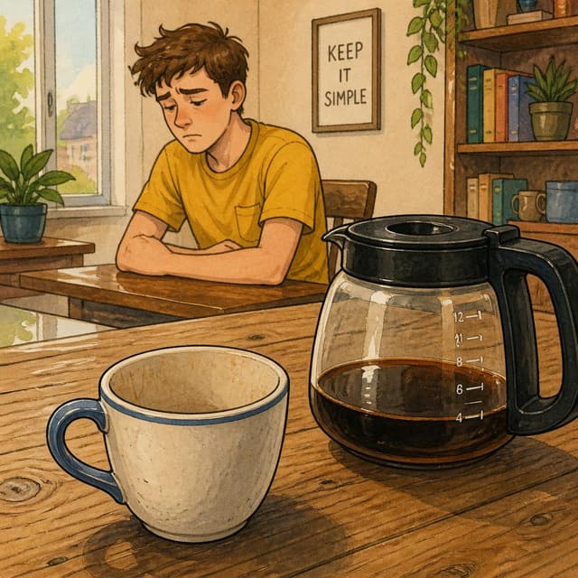 Charming ink and watercolor painting, clean lines, vibrant but soft color palette, storybook style. A photo of an empty coffee cup on a wooden table next to a black coffee pot. Ben is in the background wearing a yellow t-shirt looking sad.