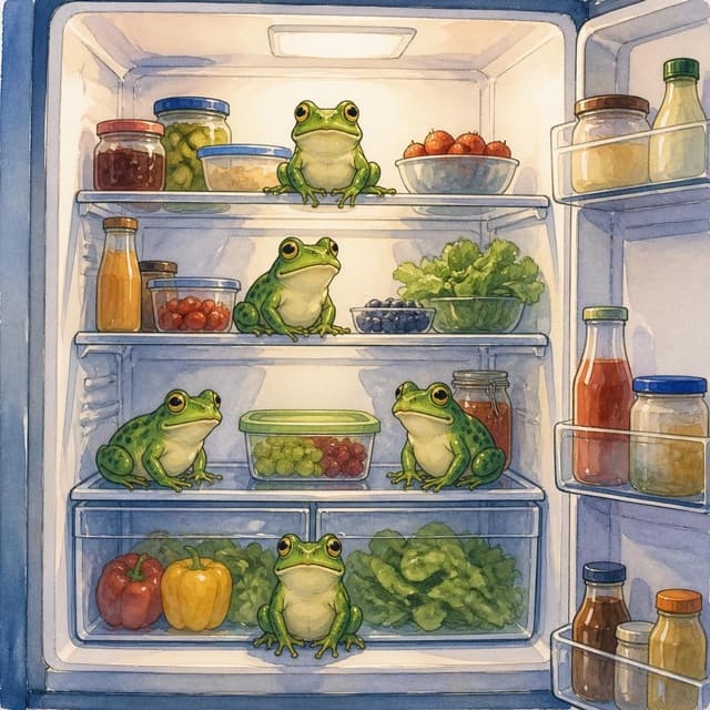 Charming ink and watercolor painting, clean lines, vibrant but soft color palette, storybook style. A photo of the inside of a fridge. There is no milk. There are five green frogs sitting on the shelves. No other readable text.