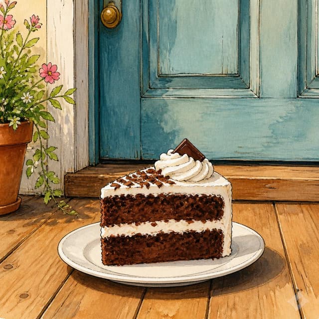 Charming ink and watercolor painting, clean lines, vibrant but soft color palette, storybook style. A photo of a small white plate. On the plate is a big piece of chocolate cake with white cream. It is sitting on a wooden floor in front of a door.