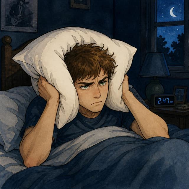 Charming ink and watercolor painting, clean lines, vibrant but soft color palette, storybook style. Sam, a young man with short brown hair and green eyes, is in bed. He covers his ears with a white pillow. He looks tired and angry. The room is dark.