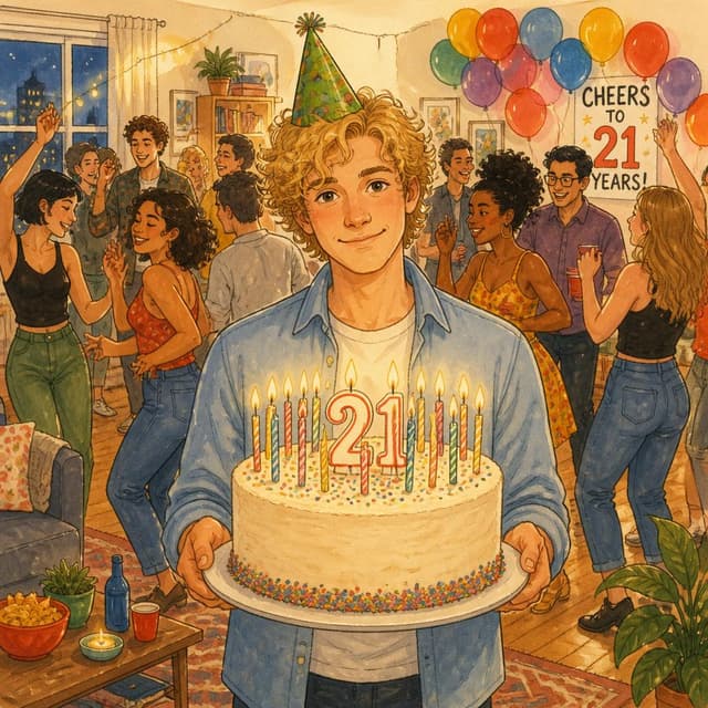 Charming ink and watercolor painting, clean lines, vibrant but soft color palette, storybook style. A bright party in an apartment. Leo, with curly blonde hair and a party hat, holds a large cake with 21 candles. Many people are dancing in the background. Colorful balloons on the wall.