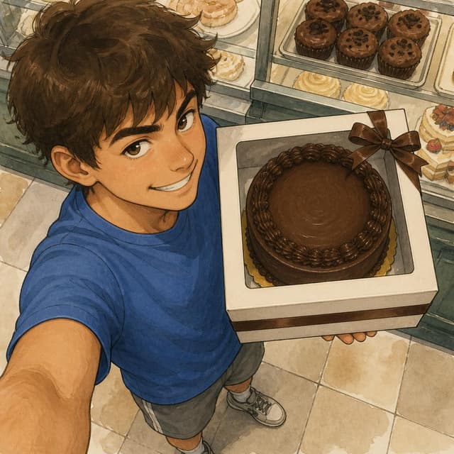 Charming ink and watercolor painting, clean lines, vibrant but soft color palette, storybook style. A photo taken from a person's point of view looking down at a whole chocolate birthday cake inside a bakery display box. The cake has smooth dark frosting and a small decorative ribbon on the box. No other readable text
Character consistency instruction: preserve these exact recurring appearance details: Jake: gender: Male; age: 15; skin tone: Light olive; hair color: Brown; hair style: Short and messy; eye color: Brown; clothing: A simple blue cotton t-shirt and grey athletic shorts.; other features: A cheeky and mischievous grin. Do not add readable text unless the prompt explicitly asks for visible text.