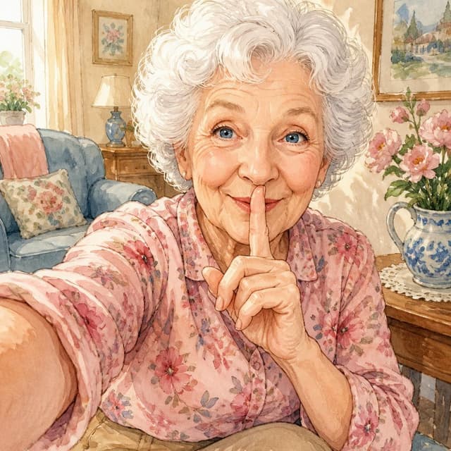 Charming ink and watercolor painting, clean lines, vibrant but soft color palette, storybook style. A selfie photo of an elderly woman aged around 72 with short white curly hair, warm blue eyes, fair skin with soft wrinkles, wearing a pink floral blouse. She is smiling warmly and holding a finger to her lips in a playful 'shh' gesture. No other readable text
Character consistency instruction: preserve these exact recurring appearance details: Gran: gender: Female; age: 72; skin tone: Fair; hair color: White; hair style: Short and curly; eye color: Warm blue; clothing: A pink floral patterned blouse and tan-colored slacks.; other features: Soft wrinkles on a kind, cheerful face; often makes a playful 'shh' gesture. Do not add readable text unless the prompt explicitly asks for visible text.