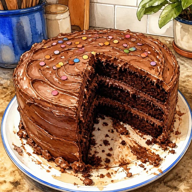 Charming ink and watercolor painting, clean lines, vibrant but soft color palette, storybook style. A close-up photo of a birthday cake on a kitchen counter. The cake has chocolate frosting. One big slice is missing. The cut is messy. No other readable text.