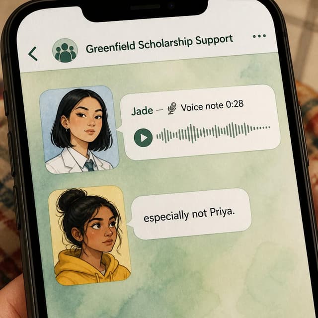 Charming ink and watercolor painting, clean lines, vibrant but soft color palette, storybook style. A close-up photo of a phone screen showing a group chat interface. The chat name at the top reads 'Greenfield Scholarship Support'. A voice note message bubble is visible, sent by a contact named 'Jade'. Visible text: "Jade — 🎤 Voice note 0:28". Below it a second message bubble reads: "especially not Priya.". No other readable text
Character consistency instruction: preserve these exact recurring appearance details: Priya: gender: Female; age: 17; skin tone: Warm brown; hair color: Dark black; hair style: Long hair pulled into a messy bun; eye color: Focused dark brown; clothing: A comfortable bright yellow hoodie.; other features: Small silver nose stud, South Asian heritage. Jade: gender: Female; age: 17; skin tone: Light; hair color: Sleek straight black; hair style: Sleek bob cut just below her chin; eye color: Sharp intelligent dark eyes; clothing: A crisp, structured white school blazer over a formal shirt.; other features: Composed expression with one eyebrow slightly raised, East Asian heritage. Do not add readable text unless the prompt explicitly asks for visible text.
