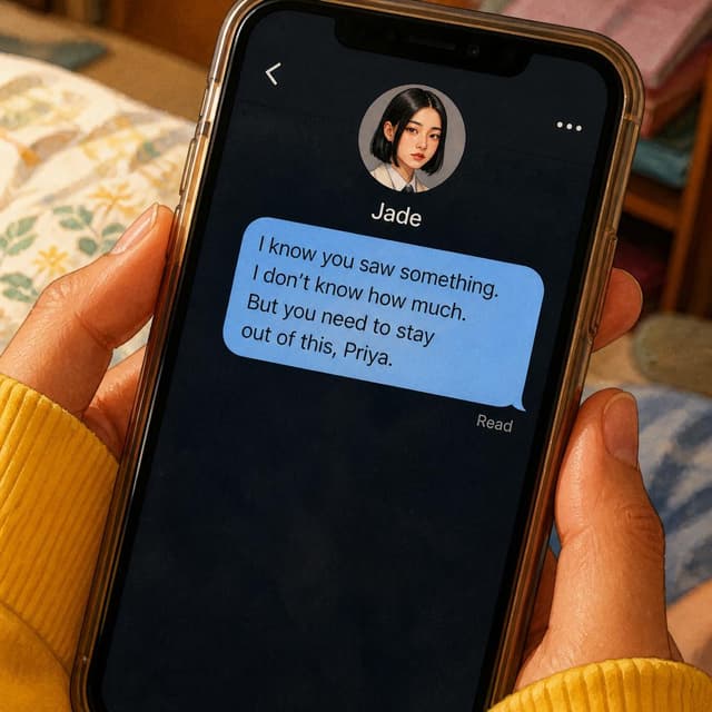 Charming ink and watercolor painting, clean lines, vibrant but soft color palette, storybook style. A close-up photo of a phone screen showing a direct message chat interface. The contact name at the top reads 'Jade'. One message bubble is visible with the text: "I know you saw something. I don't know how much. But you need to stay out of this, Priya." Below the message a small label reads "Read". Visible text: "I know you saw something. I don't know how much. But you need to stay out of this, Priya." No other readable text
Character consistency instruction: preserve these exact recurring appearance details: Priya: gender: Female; age: 17; skin tone: Warm brown; hair color: Dark black; hair style: Long hair pulled into a messy bun; eye color: Focused dark brown; clothing: A comfortable bright yellow hoodie.; other features: Small silver nose stud, South Asian heritage. Jade: gender: Female; age: 17; skin tone: Light; hair color: Sleek straight black; hair style: Sleek bob cut just below her chin; eye color: Sharp intelligent dark eyes; clothing: A crisp, structured white school blazer over a formal shirt.; other features: Composed expression with one eyebrow slightly raised, East Asian heritage. Do not add readable text unless the prompt explicitly asks for visible text.